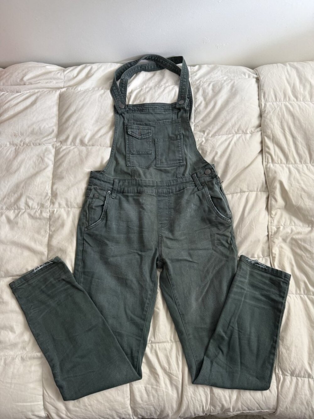 Free People Skinny Denim Overalls Washed Olive Green Stretch Size 26